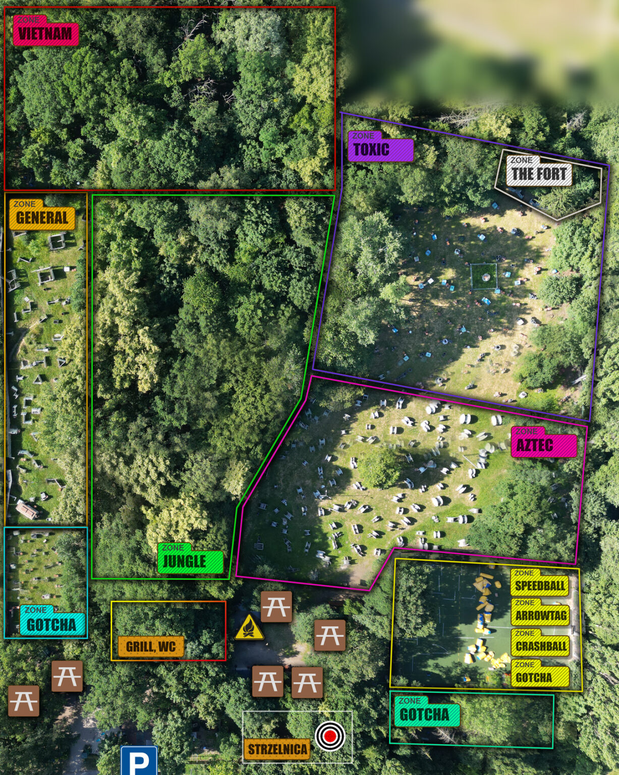 Mapa terenu City Paintball Wrocław z zaznaczonymi strefami gry i polem speedballowym